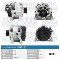 MEAT & DORIA 5515161 - Tensión [V]: 14<br>Corriente de carga alternador [A]: 90<br>ID del modelo de conector: B+,L<br>Cantidad de agujeros de fijación: 2<br>Número de canales: 6<br>Poleas: con polea para correa poli V<br>poleas - Ø [mm]: 54<br>Sentido de giro: Sentido de giro a la derecha (horario)<br>