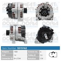 MEAT & DORIA 5515162 - Corriente de carga alternador [A]: 180<br>Modelo red de a bordo: para vehículos con red de a bordo 12V<br>Tensión [V]: 14<br>Poleas: con polea múltiple<br>poleas - Ø [mm]: 53<br>Número de nervaduras: 6<br>Pinza: M8 B+<br>Pinza: COM/BSS<br>Especificación: STANDARD PULLEY<br>Especificación: 28-6510 WITH CLUTCH<br>peso neto [kg]: 7,14<br>