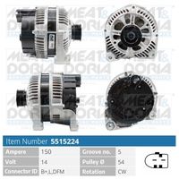 MEAT & DORIA 5515224 - Tensión [V]: 12<br>Corriente de carga alternador [A]: 150<br>ID del modelo de conector: B+,L,DFM<br>Cantidad de agujeros de fijación: 3<br>Número de canales: 6<br>Poleas: con polea para correa poli V<br>poleas - Ø [mm]: 53<br>Sentido de giro: Sentido de giro a la derecha (horario)<br>