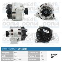 MEAT & DORIA 5515289 - Tensión [V]: 14<br>Corriente de carga alternador [A]: 80<br>ID del modelo de conector: B+,D+<br>Cantidad de agujeros de fijación: 2<br>Número de canales: 6<br>Poleas: con polea para correa poli V<br>poleas - Ø [mm]: 56<br>Sentido de giro: Sentido de giro a la derecha (horario)<br>