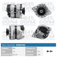 MEAT & DORIA 5530103 - Tensión [V]: 14<br>Corriente de carga alternador [A]: 55<br>ID del modelo de conector: B+,D+<br>Cantidad de agujeros de fijación: 2<br>Número de canales: 1<br>poleas - Ø [mm]: 89<br>Sentido de giro: Sentido de giro a la derecha (horario)<br>Poleas: no para polea de correa trapecial<br>