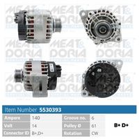 MEAT & DORIA 5530393 - Código de motor: 198 A6.000<br>Tensión [V]: 14<br>Corriente de carga alternador [A]: 120<br>Poleas: con polea<br>poleas - Ø [mm]: 54<br>