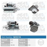 MEAT & DORIA 5015119 - Código de motor: 9HR (DV6C)<br>Cant. taladros roscados: 2<br>Cantidad de agujeros de fijación: 4<br>Tensión [V]: 12<br>Potencia nominal [kW]: 1,8<br>Sentido de giro: Sentido de giro a la derecha (horario)<br>Número de dientes: 11<br>Diámetro de brida [mm]: 62<br>