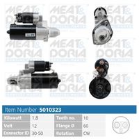 MEAT & DORIA 5010323 - Tensión [V]: 12<br>Potencia nominal [kW]: 1,7<br>Diámetro de brida [mm]: 60<br>ID del modelo de conector: 30-50<br>Número de dientes: 10<br>Cantidad de agujeros de fijación: 2<br>Sentido de giro: Sentido de giro a la derecha (horario)<br>para OE N°: A0061519801<br>