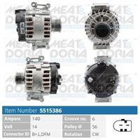 MEAT & DORIA 5515101 - para OE N°: 06F 903 023<br>Tensión [V]: 14<br>Corriente de carga alternador [A]: 140<br>ID del modelo de conector: B+,L,DFM<br>Cantidad de agujeros de fijación: 2<br>Número de canales: 6<br>Poleas: con polea de rueda libre<br>poleas - Ø [mm]: 56<br>Sentido de giro: Sentido de giro a la derecha (horario)<br>