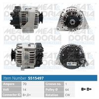 MEAT & DORIA 5515497 - Tensión [V]: 14<br>Corriente de carga alternador [A]: 80<br>ID del modelo de conector: B+,D-,W<br>Cantidad de agujeros de fijación: 2<br>Número de canales: 5<br>Poleas: con polea para correa poli V<br>poleas - Ø [mm]: 56<br>Sentido de giro: Sentido de giro a la derecha (horario)<br>