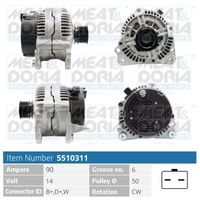 MEAT & DORIA 5510311 - Tensión [V]: 14<br>Corriente de carga alternador [A]: 80<br>ID del modelo de conector: B+,D+,W<br>Cantidad de agujeros de fijación: 2<br>Número de canales: 5<br>Poleas: con polea de rueda libre<br>poleas - Ø [mm]: 56<br>Sentido de giro: Sentido de giro a la derecha (horario)<br>