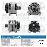 MEAT & DORIA 5510478 - Cantidad de agujeros de fijación: 4<br>Número de canales: 6<br>poleas - Ø [mm]: 49<br>Pinza: B+ M8<br>Tensión [V]: 12<br>Corriente de carga alternador [A]: 140<br>