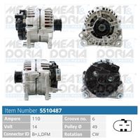 MEAT & DORIA 5510487 - Corriente de carga alternador [A]: 110<br>Modelo red de a bordo: para vehículos con red de a bordo 12V<br>Tensión [V]: 14<br>Poleas: con polea múltiple<br>poleas - Ø [mm]: 50<br>Número de nervaduras: 6<br>Pinza: M8 B+<br>Pinza: L-DFM<br>ID del modelo de conector: 0121<br>Diámetro de orificio 1 [mm]: 8,5<br>peso neto [kg]: 5,67<br>