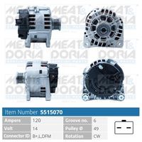 MEAT & DORIA 5515070 - Corriente de carga alternador [A]: 120<br>Modelo red de a bordo: para vehículos con red de a bordo 12V<br>Tensión [V]: 14<br>Poleas: con polea de rueda libre<br>poleas - Ø [mm]: 49<br>Número de nervaduras: 6<br>Pinza: M8 B+<br>Pinza: L-D(Dummy) Plug 84<br>ID del modelo de conector: 0084<br>Diámetro de orificio 1 [mm]: 8,5<br>peso neto [kg]: 6,49<br>