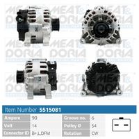 MEAT & DORIA 5515081 - Tensión [V]: 14<br>Corriente de carga alternador [A]: 80<br>ID del modelo de conector: B+,L,DFM<br>Cantidad de agujeros de fijación: 2<br>Número de canales: 6<br>Poleas: con polea para correa poli V<br>poleas - Ø [mm]: 49<br>Sentido de giro: Sentido de giro a la derecha (horario)<br>