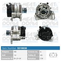 MEAT & DORIA 5510030 - Tensión [V]: 14<br>Corriente de carga alternador [A]: 70<br>ID del modelo de conector: B+,D+,W<br>Cantidad de agujeros de fijación: 3<br>Número de canales: 6<br>Poleas: con polea para correa poli V<br>poleas - Ø [mm]: 50<br>Sentido de giro: Sentido de giro a la derecha (horario)<br>