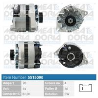 MEAT & DORIA 5515090 - Tensión [V]: 14<br>Corriente de carga alternador [A]: 150<br>ID del modelo de conector: B+,D+<br>Cantidad de agujeros de fijación: 2<br>Número de canales: 6<br>Poleas: con polea de rueda libre<br>poleas - Ø [mm]: 54<br>Sentido de giro: Sentido de giro a la derecha (horario)<br>