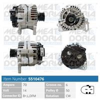 MEAT & DORIA 5510476 - Tensión [V]: 14<br>Corriente de carga alternador [A]: 110<br>ID del modelo de conector: B+,L,DFM<br>Cantidad de agujeros de fijación: 2<br>Número de canales: 6<br>Poleas: con polea para correa poli V<br>poleas - Ø [mm]: 50<br>Sentido de giro: Sentido de giro a la derecha (horario)<br>para OE N°: 06F 903 023EX<br>