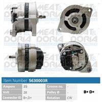 MEAT & DORIA 5630003 - Tensión [V]: 28<br>Corriente de carga alternador [A]: 55<br>Poleas: con polea<br>Sentido de giro: Sentido de giro a la derecha (horario)<br>Diámetro de orificio [mm]: 12,2<br>Distancia de los taladros de sujeción [mm]: 62,6<br>Diám. de puntos de sujeción [mm]: 85,0<br>Distancia de polea a alternador [mm]: 45,0<br>Número de nervaduras: 1<br>poleas - Ø [mm]: 80<br>cant. correas: 1<br>Conexión / terminal/borne: W<br>h embalaje [cm]: 17,50<br>Ancho de embalaje [cm]: 18,60<br>long. de embalaje [cm]: 24,8<br>Peso neto [g]: 4803<br>