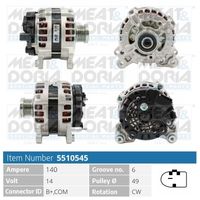 MEAT & DORIA 5510545 - Tensión [V]: 14<br>Corriente de carga alternador [A]: 140<br>ID del modelo de conector: B+,L,DFM<br>Cantidad de agujeros de fijación: 2<br>Número de canales: 6<br>Poleas: con polea de rueda libre<br>poleas - Ø [mm]: 49<br>Sentido de giro: Sentido de giro a la derecha (horario)<br>