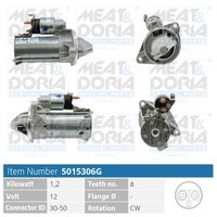 MEAT & DORIA 5015306G - Tensión [V]: 12<br>Potencia nominal [kW]: 1,2<br>ID del modelo de conector: 30-50<br>Número de dientes: 8<br>Cantidad de agujeros de fijación: 2<br>Sentido de giro: Sentido de giro a la derecha (horario)<br>