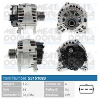 MEAT & DORIA 55151083 - Cantidad de agujeros de fijación: 4<br>Número de canales: 6<br>poleas - Ø [mm]: 54<br>Pinza: B+ M8<br>Poleas: con polea de rueda libre<br>Tensión [V]: 12<br>Corriente de carga alternador [A]: 120<br>para OE N°: 2310000QBH<br>