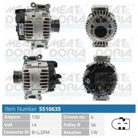 MEAT & DORIA 5510635 - Cantidad de agujeros de fijación: 4<br>Número de canales: 6<br>poleas - Ø [mm]: 56<br>Pinza: B+ M8<br>Poleas: con polea de rueda libre<br>Tensión [V]: 12<br>Corriente de carga alternador [A]: 120<br>