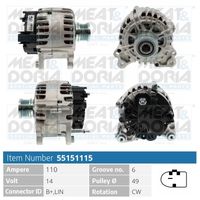 MEAT & DORIA 55151115 - Cantidad de agujeros de fijación: 4<br>Número de canales: 6<br>poleas - Ø [mm]: 56<br>Pinza: B+ M8<br>Poleas: con polea de rueda libre<br>Tensión [V]: 12<br>Corriente de carga alternador [A]: 140<br>