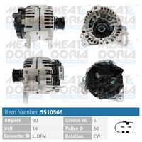 MEAT & DORIA 5510476 - Tensión [V]: 14<br>Corriente de carga alternador [A]: 110<br>ID del modelo de conector: B+,L,DFM<br>Cantidad de agujeros de fijación: 2<br>Número de canales: 6<br>Poleas: con polea para correa poli V<br>poleas - Ø [mm]: 50<br>Sentido de giro: Sentido de giro a la derecha (horario)<br>para OE N°: 06F 903 023EX<br>