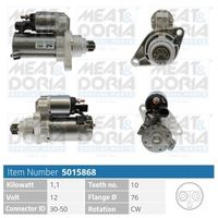 MEAT & DORIA 5015287 - Cantidad de agujeros de fijación: 2<br>Potencia nominal [kW]: 2<br>Pinza: B+ M8<br>Tensión [V]: 12<br>Sentido de giro: Sentido de giro a la izquierda (antihorario)<br>Diámetro de brida [mm]: 79<br>Número de dientes: 13<br>para OE N°: 0AH911023J<br>Calidad: GENUINE<br>