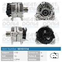 MEAT & DORIA 5510545 - Tensión [V]: 14<br>Corriente de carga alternador [A]: 140<br>ID del modelo de conector: B+,L,DFM<br>Cantidad de agujeros de fijación: 2<br>Número de canales: 6<br>Poleas: con polea de rueda libre<br>poleas - Ø [mm]: 49<br>Sentido de giro: Sentido de giro a la derecha (horario)<br>