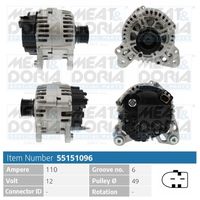 MEAT & DORIA 5510476 - Tensión [V]: 14<br>Corriente de carga alternador [A]: 110<br>ID del modelo de conector: B+,L,DFM<br>Cantidad de agujeros de fijación: 2<br>Número de canales: 6<br>Poleas: con polea para correa poli V<br>poleas - Ø [mm]: 50<br>Sentido de giro: Sentido de giro a la derecha (horario)<br>para OE N°: 06F 903 023EX<br>