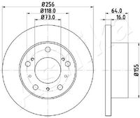 ASHIKA 60000267C - Lado de montaje: Eje delantero<br>Diámetro exterior [mm]: 256<br>Espesor de disco de frenos [mm]: 16<br>Altura [mm]: 64<br>Llanta, nº de taladros: 5<br>Tipo de disco de frenos: macizo<br>corona de agujeros - Ø [mm]: 118<br>Diamétro cubo[mm]: 155<br>Peso [kg]: 5,81<br>