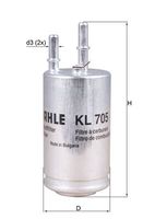 MAHLE KL705 - Tipo de filtro: Filtro de tubería<br>Tipo de combustible: Gasolina<br>Diámetro exterior [mm]: 55<br>Ø entrada [mm]: 7,9<br>Ø salida [mm]: 7,9<br>Altura [mm]: 139<br>Artículo complementario / información complementaria 2: con un conector<br>