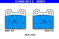 ATE 603011 - Lado de montaje: Eje delantero<br>Espesor [mm]: 15<br>Homologación: R90 Homologated<br>Longitud [mm]: 62<br>Altura 1 [mm]: 56<br>Número de WVA: 20034<br>Número de WVA: 20107<br>