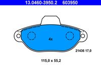 ATE 603950 - Lado de montaje: Eje trasero<br>Homologación: R90 Homologated<br>Longitud [mm]: 87<br>Peso [kg]: 0,76<br>Altura 1 [mm]: 44,5<br>Contacto avisador de desgaste: no preparado para indicador de desgaste<br>Artículo complementario/Información complementaria: con accesorios<br>Sistema de frenos: TRW<br>Tipo de envase: caja<br>Artículo complementario / información complementaria 2: con tornillos pinza freno<br>Espesor/grosor 1 [mm]: 14,3<br>Número de WVA: 23177<br>