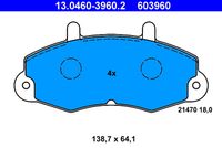 ATE 603960 - Lado de montaje: Eje delantero<br>Tamaño de llanta [pulgada]: 15,0<br>Ancho [mm]: 138,7<br>Altura [mm]: 72,1<br>Espesor [mm]: 18,0<br>Contacto avisador de desgaste: preparado para indicador desgaste<br>Contacto avisador de desgaste: excl. contacto de avisador de desgaste<br>Sistema de frenos: Bendix<br>Homologación: E1 90R-01749/557<br>Nº art. de accesorio recomendado: 13.0460-0427.2<br>