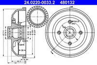 ATE 480132 - Dinámica de frenado / conducción: para vehículos sin ABS<br>Lado de montaje: Eje trasero<br>Artículo complementario / información complementaria 2: sin cojinete rueda<br>Diámetro interior de tambor de freno [mm]: 200,0<br>Rebajado máx. tambor de freno [mm]: 201,0<br>H tamb. freno interna [mm]: 35,0<br>Número de orificios: 4<br>corona de agujeros - Ø [mm]: 100,0<br>Medida de rosca: M12x1,5<br>H tamb. freno total [mm]: 84,0<br>Diámetro exterior del tambor de freno [mm]: 228,0<br>Diámetro alojamiento [mm]: 50,3<br>Diám. int. 2[mm]: 39,9<br>Homologación: E1 90R-02D0955/0099<br>