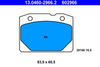 ATE 602966 - Espesor [mm]: 15,9<br>Longitud [mm]: 84<br>Altura 1 [mm]: 60<br>Sistema de frenos: Bendix<br>Número de WVA: 20166<br>Lado de montaje: Eje delantero<br>