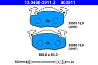 ATE 603911 - año construcción desde: 09/1987<br>año construcción hasta: 08/1992<br>Lado de montaje: Eje delantero<br>Ancho [mm]: 94,9<br>Altura [mm]: 48,9<br>Espesor [mm]: 18,5<br>Contacto avisador de desgaste: con contacto avisador de desgaste<br>Longitud contacto de aviso [mm]: 205<br>Artículo complementario / información complementaria 2: con tornillos pinza freno<br>cantidad de tornillos: 2<br>Sistema de frenos: Lucas / TRW<br>Homologación: E1 90R-01977/413<br>