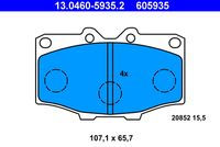 ATE 605935 - Lado de montaje: Eje delantero<br>Tipo de freno: Discos<br>Longitud [mm]: 107,5<br>Altura [mm]: 66<br>Espesor [mm]: 15<br>Número de WVA: 20852<br>Homologación: ECE R90 APPROVED<br>