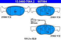 ATE 607064 - Lado de montaje: Eje delantero<br>Espesor [mm]: 17<br>Longitud [mm]: 156<br>Ancho [mm]: 52,5<br>Sistema de frenos: ATE<br>Número de WVA: 21927<br>Número de WVA: 21928<br>Número de WVA: 21929<br>