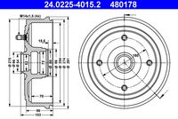 ATE 480178 - Lado de montaje: Eje trasero<br>Diámetro interior de tambor de freno [mm]: 254<br>H tamb. freno interna [mm]: 70<br>H tamb. freno total [mm]: 103<br>Llanta, nº de taladros: 4<br>Diám. buje de rueda [mm]: 52<br>Diámetro exterior del tambor de freno [mm]: 291<br>Peso [kg]: 11<br>corona de agujeros - Ø [mm]: 160<br>Diám. buje de rueda 2[mm]: 72<br>
