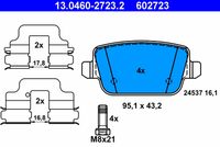 ATE 602723 - Equipamiento de vehículo: para vehículos con freno de estacionamiento electrónico<br>Lado de montaje: Eje trasero<br>Ancho [mm]: 106,0<br>Altura [mm]: 48,7<br>Espesor [mm]: 17,3<br>Contacto avisador de desgaste: no preparado para indicador de desgaste<br>Contacto avisador de desgaste: excl. contacto de avisador de desgaste<br>Artículo complementario/Información complementaria: con accesorios<br>Artículo complementario / información complementaria 2: con tornillos pinza freno<br>cantidad de tornillos: 4<br>Sistema de frenos: Lucas / TRW<br>Nº art. de accesorio recomendado: 24.8190-0816.2<br>Homologación: E1 90R-02A0498/0383<br>