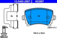 ATE 602887 - año construcción hasta: 10/2014<br>Número de PR: 1KW<br>Lado de montaje: Eje trasero<br>Equipamiento de vehículo: para vehículos sin freno de estacionamiento electrónico<br>Ancho [mm]: 105,3<br>Altura [mm]: 55,9<br>Espesor [mm]: 17,1<br>Contacto avisador de desgaste: preparado para indicador desgaste<br>Contacto avisador de desgaste: excl. contacto de avisador de desgaste<br>Artículo complementario/Información complementaria: con accesorios<br>Artículo complementario / información complementaria 2: con tornillos pinza freno<br>cantidad de tornillos: 4<br>Sistema de frenos: Lucas / TRW<br>Homologación: E1 90R-02A0498/0349<br>Homologación: E9 90R-02A1163/0750<br>Nº art. de accesorio recomendado: 13.0460-0035.2<br>Nº art. de accesorio recomendado: 13.0460-0259.2<br>