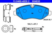 ATE 604830 - Lado de montaje: Eje delantero<br>Homologación: R90 Homologated<br>Longitud [mm]: 163,3<br>Altura 1 [mm]: 67,1<br>Contacto avisador de desgaste: preparado para indicador desgaste<br>Espesor [mm]: 20,7<br>Sistema de frenos: Brembo<br>Número de WVA: 29229<br>