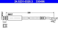 ATE 330496 - Lado de montaje: Eje delantero<br>Longitud [mm]: 345<br>Rosca 1: BANJO 10.0 mm<br>Rosca 2: INN M10x1.0<br>Peso [kg]: 0,14<br>