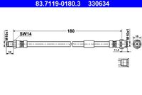 ATE 330634 - Número de piezas necesarias: 2<br>Lado de montaje: Eje trasero<br>Longitud [mm]: 198<br>Rosca interior 1 [mm]: M10x1<br>Rosca interior 2 [mm]: M10x1<br>Ancho de llave 1 [mm]: 17<br>