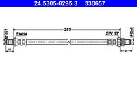 ATE 330657 - Lado de montaje: Eje trasero<br>Longitud [mm]: 335<br>Rosca 1: OUT M10x1.0<br>Rosca 2: OUT M10x1.0<br>Peso [kg]: 0,09<br>