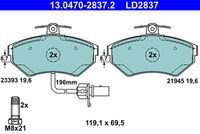 ATE LD2837 - N.º de chasis (VIN) desde: 8E-5-400001<br>Número de PR: 1KW<br>Lado de montaje: Eje trasero<br>Equipamiento de vehículo: para vehículos con freno de estacionamiento electrónico<br>Ancho [mm]: 105,2<br>Altura [mm]: 56,4<br>Espesor [mm]: 16,9<br>Contacto avisador de desgaste: no preparado para indicador de desgaste<br>Contacto avisador de desgaste: excl. contacto de avisador de desgaste<br>Artículo complementario/Información complementaria: con accesorios<br>Artículo complementario / información complementaria 2: con tornillos pinza freno<br>cantidad de tornillos: 4<br>Sistema de frenos: Lucas / TRW<br>Homologación: E1 90R-02A0258/0350<br>Nº art. de accesorio recomendado: 13.0460-0517.2<br>Permitido hasta la potencia del vehículo [kW]: 225<br>