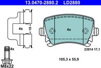 ATE LD2880 - Número de PR: 1KE<br>Número de PR: 1KF<br>Número de PR: 1KJ<br>Número de PR: 1KV<br>Lado de montaje: Eje trasero<br>Equipamiento de vehículo: para vehículos con freno de estacionamiento electrónico<br>Ancho [mm]: 105,2<br>Altura [mm]: 56,4<br>Espesor [mm]: 16,9<br>Contacto avisador de desgaste: no preparado para indicador de desgaste<br>Contacto avisador de desgaste: excl. contacto de avisador de desgaste<br>Artículo complementario/Información complementaria: con accesorios<br>Artículo complementario / información complementaria 2: con tornillos pinza freno<br>cantidad de tornillos: 4<br>Sistema de frenos: Lucas / TRW<br>Homologación: E1 90R-02A0258/0350<br>Nº art. de accesorio recomendado: 13.0460-0517.2<br>Permitido hasta la potencia del vehículo [kW]: 225<br>