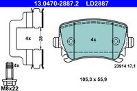 ATE LD2887 - año construcción hasta: 10/2014<br>Número de PR: 1KW<br>Lado de montaje: Eje trasero<br>Equipamiento de vehículo: para vehículos sin freno de estacionamiento electrónico<br>Ancho [mm]: 105,3<br>Altura [mm]: 55,9<br>Espesor [mm]: 17,1<br>Contacto avisador de desgaste: preparado para indicador desgaste<br>Contacto avisador de desgaste: excl. contacto de avisador de desgaste<br>Artículo complementario/Información complementaria: con accesorios<br>Artículo complementario / información complementaria 2: con tornillos pinza freno<br>cantidad de tornillos: 4<br>Sistema de frenos: Lucas / TRW<br>Homologación: E1 90R-02A0258/0350<br>Nº art. de accesorio recomendado: 13.0460-0035.2<br>Nº art. de accesorio recomendado: 13.0460-0259.2<br>Permitido hasta la potencia del vehículo [kW]: 225<br>