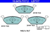 ATE LD7117 - Número de PR: 1KE<br>Número de PR: 1KF<br>Número de PR: 1KJ<br>Número de PR: 1KV<br>Lado de montaje: Eje trasero<br>Equipamiento de vehículo: para vehículos sin freno de estacionamiento electrónico<br>Ancho [mm]: 105,3<br>Altura [mm]: 55,9<br>Espesor [mm]: 17,1<br>Contacto avisador de desgaste: preparado para indicador desgaste<br>Contacto avisador de desgaste: excl. contacto de avisador de desgaste<br>Artículo complementario/Información complementaria: con accesorios<br>Artículo complementario / información complementaria 2: con tornillos pinza freno<br>cantidad de tornillos: 4<br>Sistema de frenos: Lucas / TRW<br>Homologación: E1 90R-02A0258/0350<br>Nº art. de accesorio recomendado: 13.0460-0035.2<br>Nº art. de accesorio recomendado: 13.0460-0259.2<br>Permitido hasta la potencia del vehículo [kW]: 225<br>