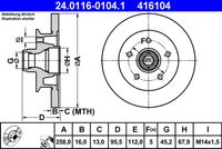 ATE 416104 - Lado de montaje: Eje delantero<br>Diámetro exterior [mm]: 258<br>Espesor de disco de frenos [mm]: 16<br>Altura [mm]: 95,5<br>Llanta, nº de taladros: 5<br>Tipo de disco de frenos: macizo<br>corona de agujeros - Ø [mm]: 112<br>Diamétro cubo[mm]: 168<br>Peso [kg]: 7,94<br>